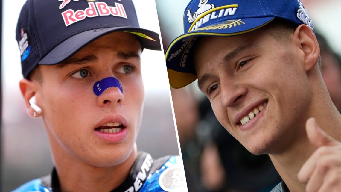 Italtrans Moto2 rider Diogo Moreira at the 2025 Aragon Grand Prix and Fabio Quartararo celebrates his P2 in the 2019 MotoGP Valencia Grand Prix for...