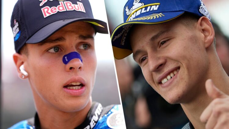 Italtrans Moto2 rider Diogo Moreira at the 2025 Aragon Grand Prix and Fabio Quartararo celebrates his P2 in the 2019 MotoGP Valencia Grand Prix for...