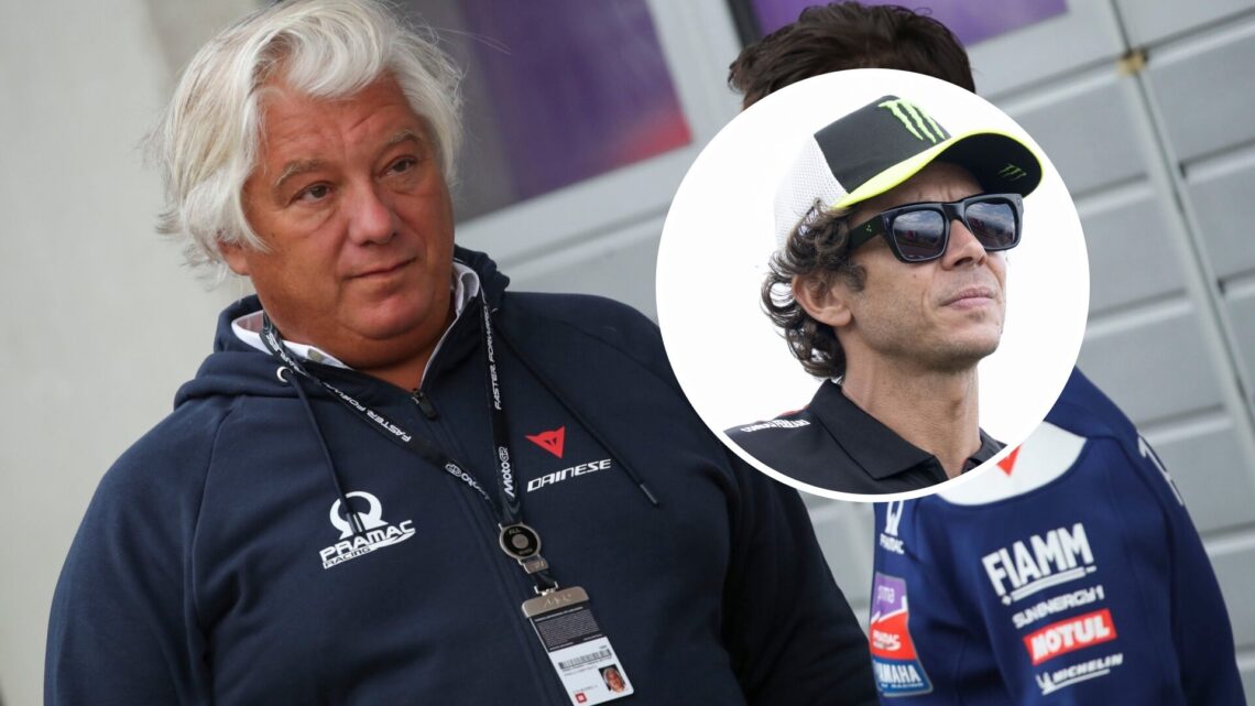 Paolo Campinoti talking to Pramac personnel in the MotoGP paddock, with Valentino Rossi looking past the camera in the overlay image