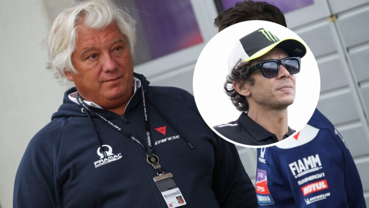 Paolo Campinoti talking to Pramac personnel in the MotoGP paddock, with Valentino Rossi looking past the camera in the overlay image