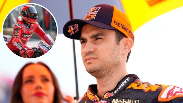 Dani Pedrosa of KTM sits on the MotoGP grid; inset of Marc Marquez on the Ducati