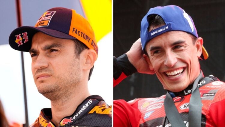 Dani Pedrosa sits on the MotoGP grid before a race for KTM (L); Marc Marquez of Ducati smiles on the podium (R)
