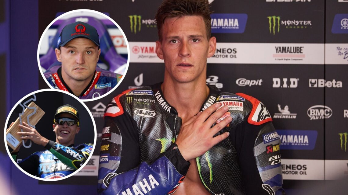 Yamaha rider Fabio Quartararo in the garage at the 2025 Italian Grand Prix, insets Jack Miller and Diogo Moreira