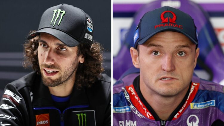 Alex Rins of Yamaha speaks in a MotoGP media debrief (L); Jack Miller of Pramac sits in the garage (R)