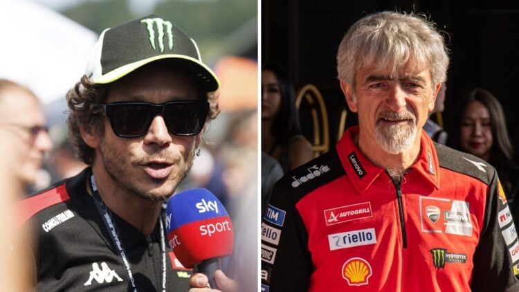 Valentino Rossi of VR46 speaks in an interview on the MotoGP grid (L); Luigi Dall'Igna of Ducati looks on at a MotoGP event (R)