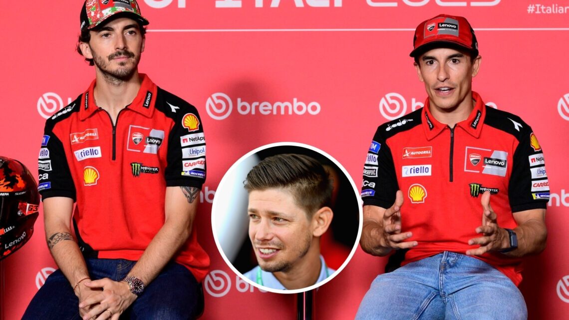 Ducati duo Francesco Bagnaia and Marc Marquez sit in a MotoGP press conference; inset of Casey Stoner