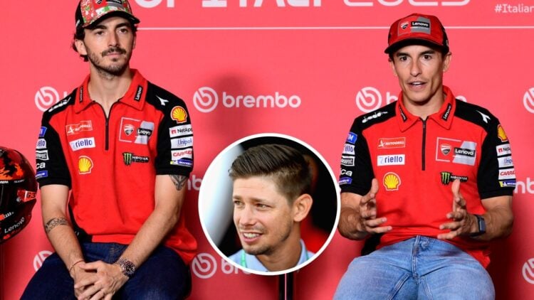 Ducati duo Francesco Bagnaia and Marc Marquez sit in a MotoGP press conference; inset of Casey Stoner