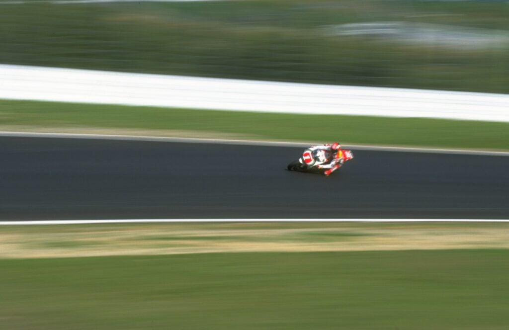 Suzuki rider Kevin Schwantz at speed during the 1994 MotoGP Grand Prix of Japan at Suzuka