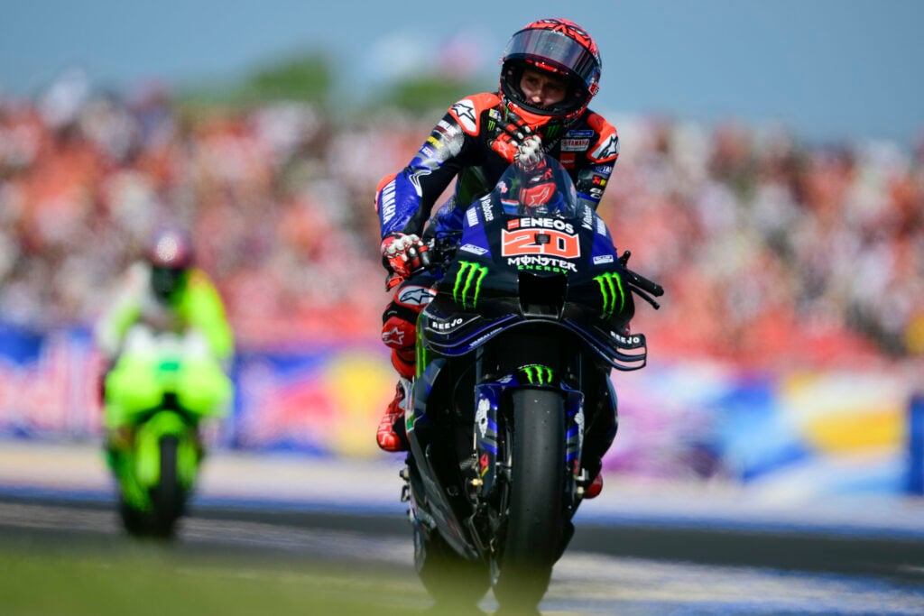 Yamaha rider Fabio Quartararo rides to the grid before the Misano Sprint at the 2025 MotoGP San Marino Grand Prix