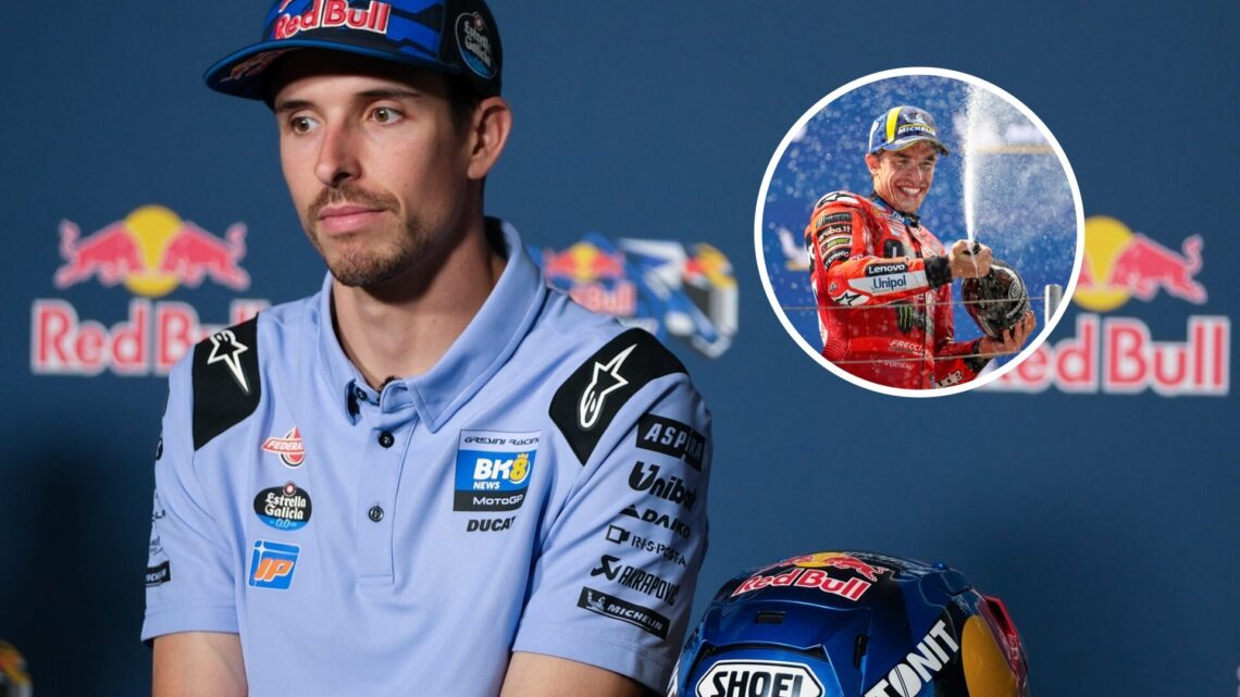 Alex Marquez sitting in a press conference ahead of the San Marino Grand Prix with Marc Marquez spraying champagne on a podium in the overlay image
