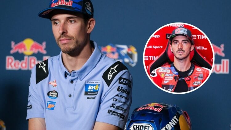 Alex Marquez of Gresini sits in a MotoGP press conference; inset of Ducati rider Francesco Bagnaia