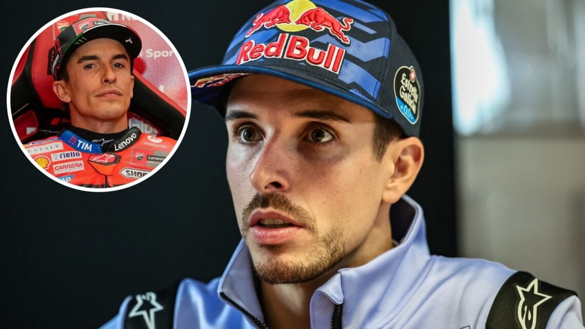 Alex Marquez of Gresini speaks in an interview at the 2025 German Grand Prix, inset Marc Marquez
