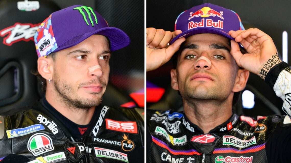 Aprilia riders Marco Bezzecchi and Jorge Martin get ready in the garage during practice for the 2025 MotoGP San Marino Grand Prix at Misano