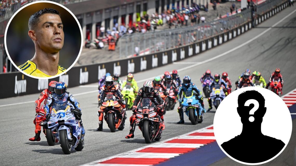 Alex Marquez leads at the start of the 2025 Austrian Grand Prix, insets Cristiano Ronaldo and Mystery