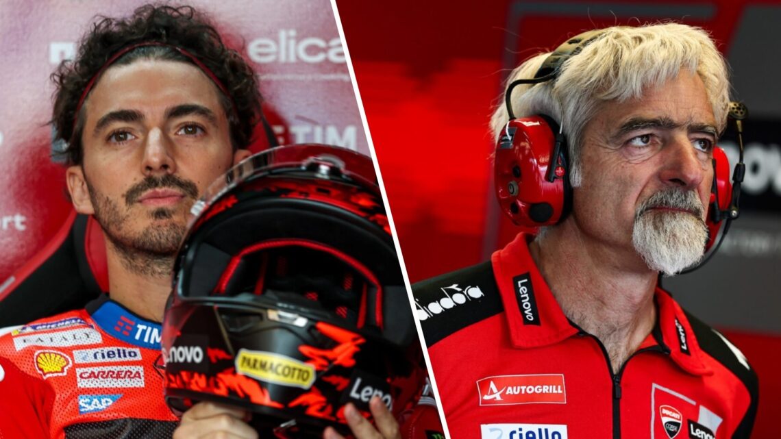 Francesco Bagnaia of Ducati prepares for a MotoGP session (L); Luigi Dall'Igna watches on from the garage (R)