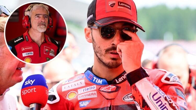 Francesco Bagnaia of Ducati speaks to the media at the 2025 Austrian Grand Prix, inset Luigi Dall'Igna