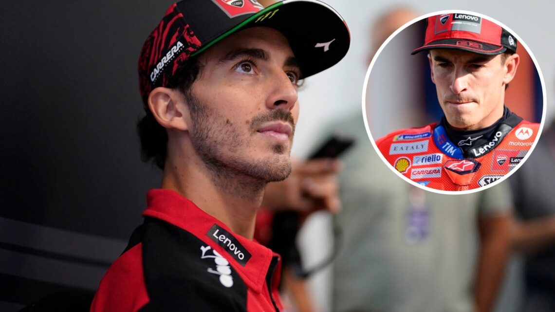 Ducati rider Francesco Bagnaia speaks in the media scrums before the 2025 San Marino Grand Prix, inset Francesco Bagnaia