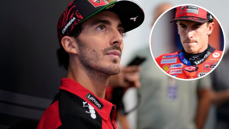 Ducati rider Francesco Bagnaia speaks in the media scrums before the 2025 San Marino Grand Prix, inset Francesco Bagnaia