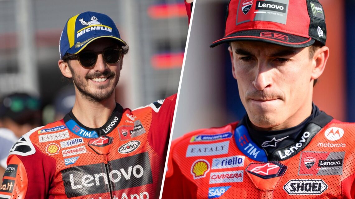 Split image of Ducati riders Francesco Bagnaia (L) and Marc Marquez (R) at the 2025 Japanese Grand Prix
