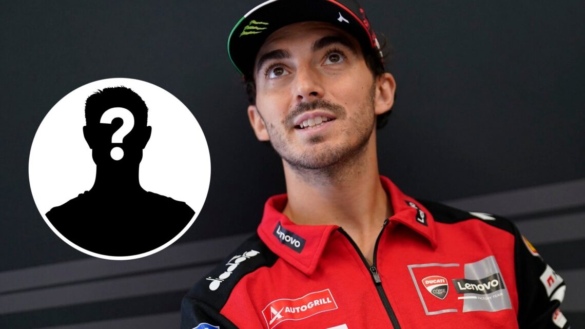 Francesco Bagnaia of Ducati speaks in a media session at the San Marino Grand Prix; inset of a mystery rider