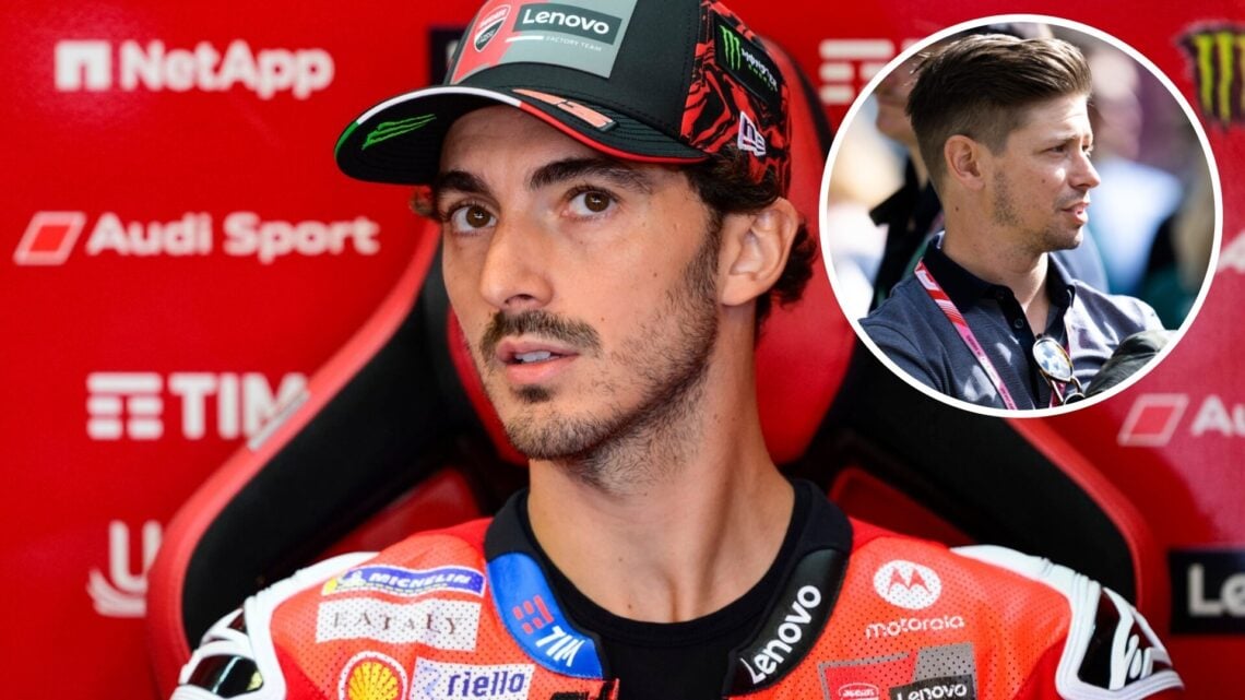 Francesco Bagnaia of Ducati sits in his garage at the 2025 San Marino Grand Prix, inset Casey Stoner