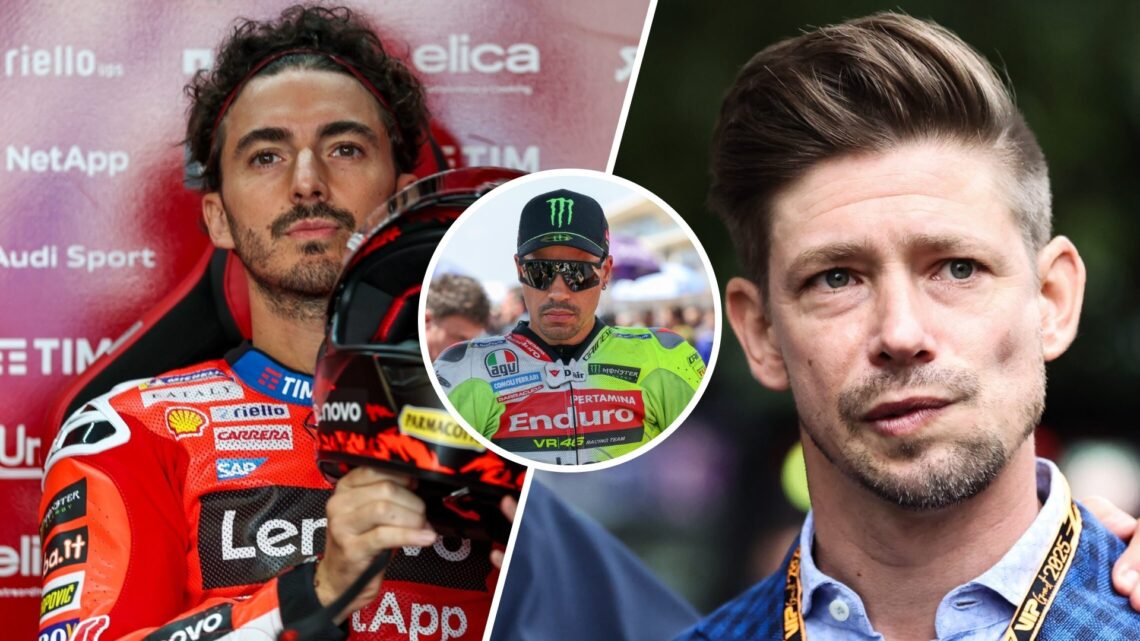 Split image of Ducati rider Francesco Bagnaia (L) and MotoGP legend Casey Stoner, inset Franco Morbidelli