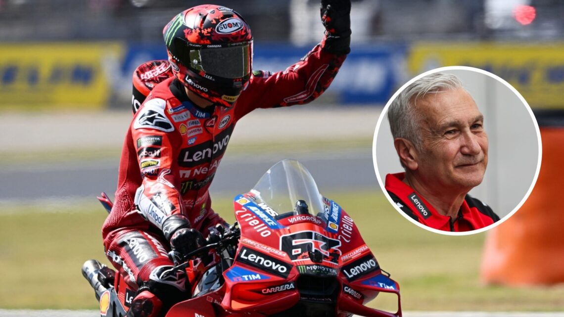 Francesco Bagnaia of Ducati celebrates on his bike at the Japanese Grand Prix; inset of Davide Tardozzi