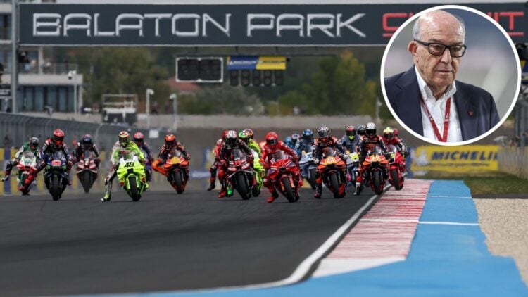A general view of the start of the Sprint Race at the 2025 MotoGP Hungarian Grand Prix, inset Carmelo Ezpeleta