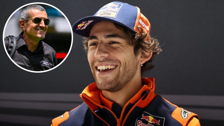 Enea Bastianini of Tech3 laughs in a media briefing at the 2025 Czech Grand Prix, inset Guenther Steiner