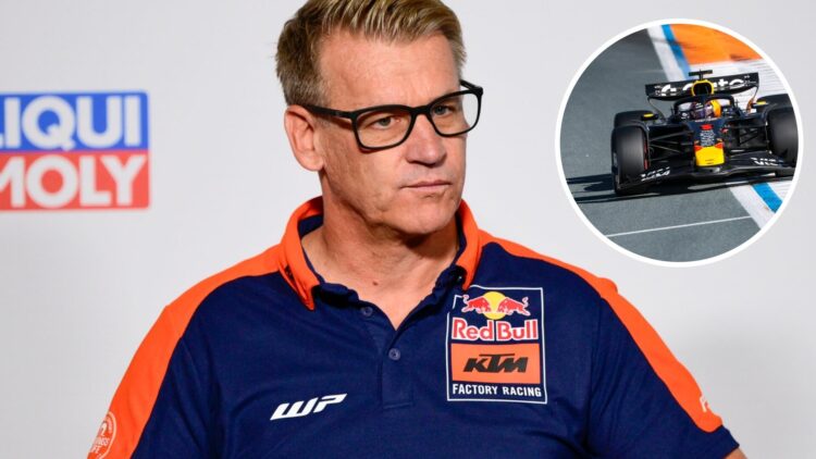 Pit Beirer of KTM speaks in a press conference; inset of Max Verstappen driving the Red Bull F1 car