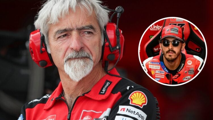 Luigi Dall'Igna of Ducati looks on in the MotoGP pit lane; inset of Francesco Bagnaia sitting in the garage
