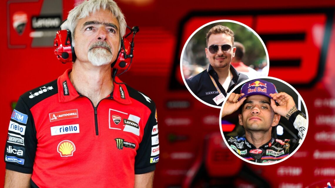 Luigi Dall'Igna stands in the Ducati MotoGP garage; insets of Jorge Lorenzo and Aprilia rider Jorge Martin