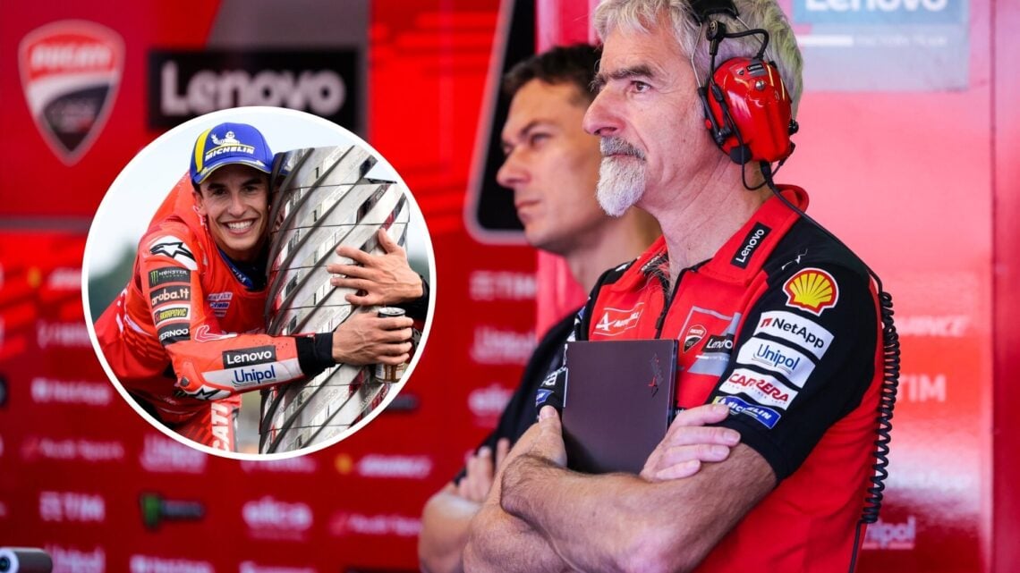 Luigi Dall'Igna of Ducati watches a MotoGP session from the garage; inset of Marc Marquez
