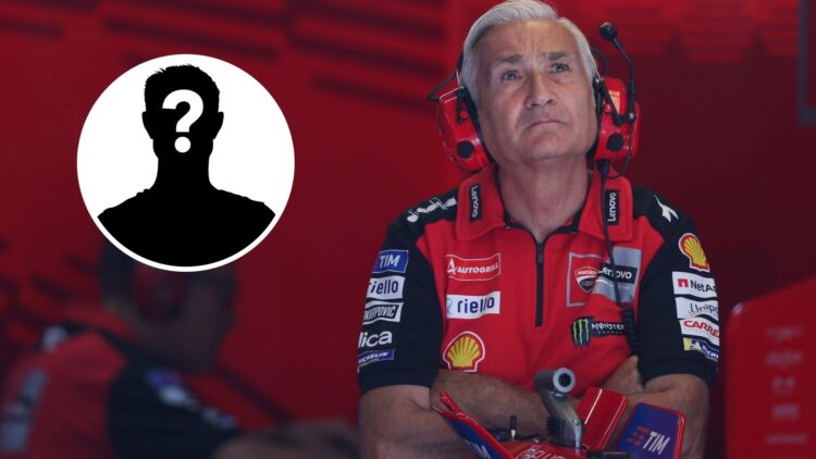 Davide Tardozzi inside the Ducati garage during the 2025 Austrian Grand Prix, with a mystery overlay image to the left of him.