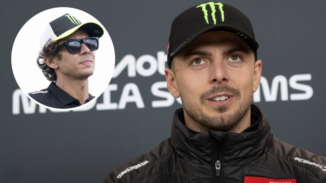 VR46 rider Fabio Di Giannantonio speaks to media at the 2025 MotoGP British Grand Prix, inset Valentino Rossi