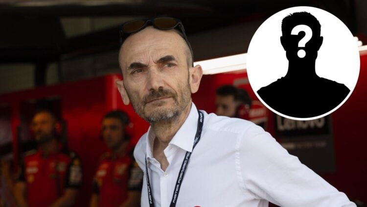 Ducati CEO Claudio Domenicali in the garage during the Sprint at the 2025 Spanish Grand Prix, inset Mystery