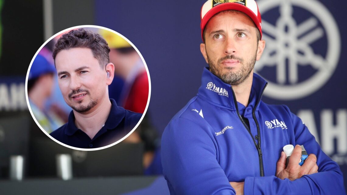 Andrea Dovizioso of Yamaha looks on from the Yamaha garage at the Austrian Grand Prix; inset of Jorge Lorenzo