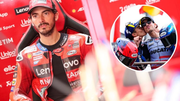 Francesco Bagnaia prepares in the Ducati garage before the 2025 MotoGP Catalan Grand Prix in Barcelona with an inset of Marc Marquez and Alex Marqu...
