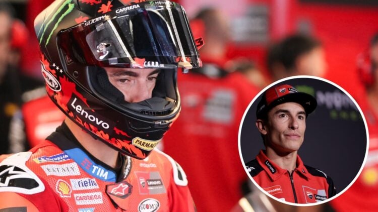 Ducati rider Francesco Bagnaia in the garage during practice for the 2025 MotoGP Catalan Grand Prix in Barcelona with an inset of Marc Marquez