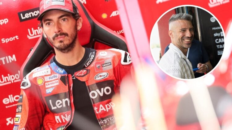 Francesco Bagnaia prepares in the Ducati garage before the 2025 MotoGP Catalan Grand Prix in Barcelona with an inset of Marco Melandri