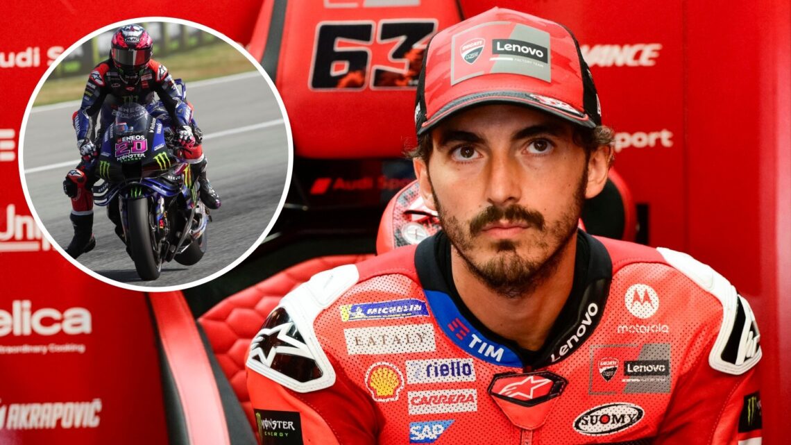 Francesco Bagnaia in the Ducati garage during practice for the 2025 MotoGP Catalan Grand Prix with an inset of Yamaha rider Fabio Quartararo on tra...
