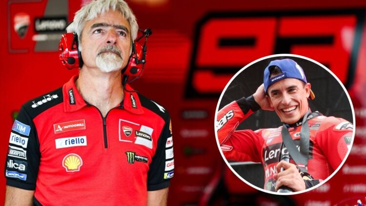 Ducati general manager Luigi Dall'Igna stands the garage during the Balaton Park Sprint Race at the 2025 MotoGP Hungarian Grand Prix with an inset ...