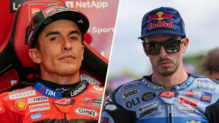 Ducati rider Marc Marquez looks on in the garage during practice for the 2025 MotoGP San Marino Grand Prix at Misano and Alex Marquez of Gresini on...