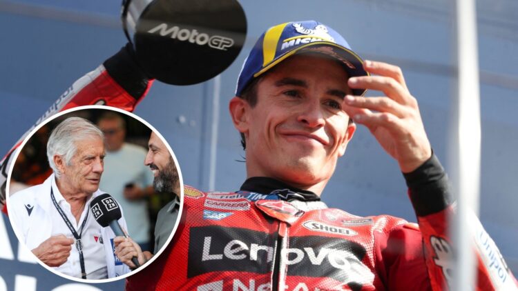 Ducati rider Marc Marquez celebrates winning the 2025 MotoGP San Marino Grand Prix on the Misano podium with an inset of MotoGP icon Giacomo Agosti...