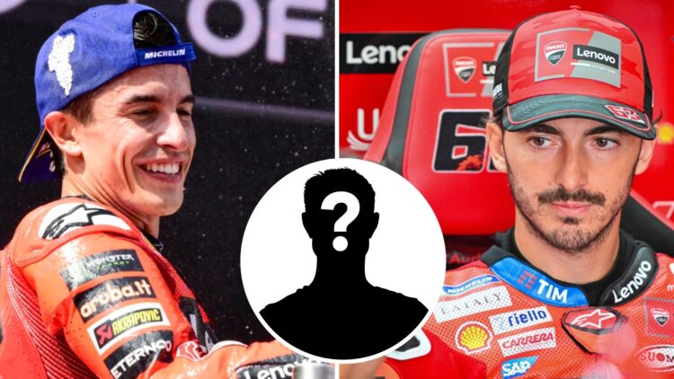 Marc Marquez celebrates his P2 in the 2025 MotoGP Catalan Grand Prix on the Barcelona podium and Francesco Bagnaia speaks to a Ducati engineer insi...