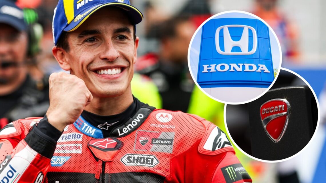 Marc Marquez celebrates winning the Balaton Park Sprint Race at the 2025 Hungarian Grand Prix with insets of the Ducati and Honda logos