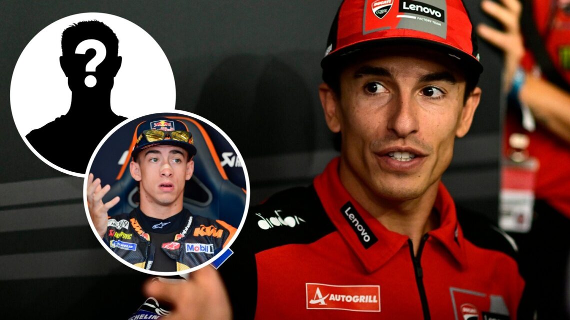 Marc Marquez of Ducati speaks to the media at the 2025 MotoGP Hungarian Grand Prix with an inset of KTM rider Pedro Acosta
