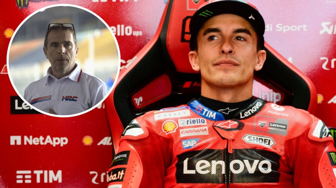 Marc Marquez sits in the Ducati garage during practice for the 2025 MotoGP Catalan Grand Prix in Barcelona with an inset of former Honda team princ...