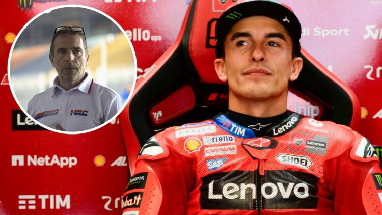 Marc Marquez sits in the Ducati garage during practice for the 2025 MotoGP Catalan Grand Prix in Barcelona with an inset of former Honda team princ...