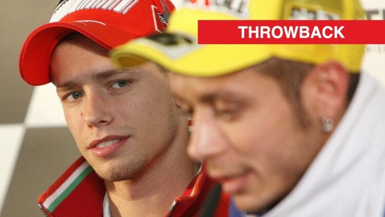 Ducati's Casey Stoner looks at Yamaha's Valentino Rossi during a press conference at the 2008 MotoGP Australian Grand Prix